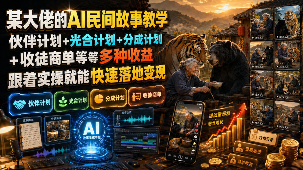 某大佬的AI民间故事教学,伙伴计划+光合计划+分成计划+收徒商单等多种收益,跟着实操就能快速落地变现-热点1站 - 热点知汇专注网赚项目资源知识聚汇
