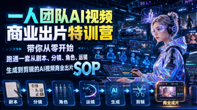 一人团队AI视频商业出片实战课:带你从零开始跑通一套从剧本、分镜、角色、运镜、生成到剪辑的AI视频商业出片SOP-热点1站 - 热点知汇专注网赚项目资源知识聚汇