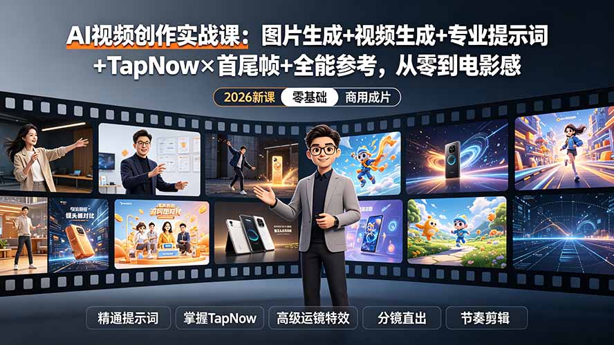 AI视频创作实战课:图片生成+视频生成+专业提示词+TapNow×首尾帧+全能参考,从零到电影感成片-热点1站 - 热点知汇专注网赚项目资源知识聚汇