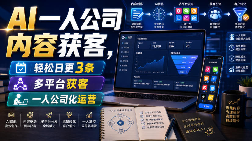AI一人公司内容获客,轻松日更3条,多平台获客,一人公司化运营-热点1站 - 热点知汇专注网赚项目资源知识聚汇