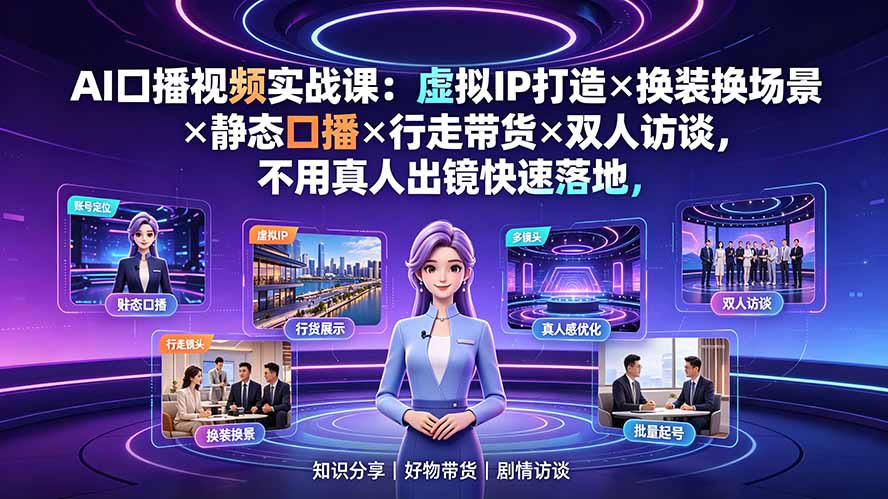 AI口播视频实战课:虚拟IP打造×换装换场景×静态口播×行走带货×双人访谈,不用真人出镜快速落地-热点1站 - 热点知汇专注网赚项目资源知识聚汇